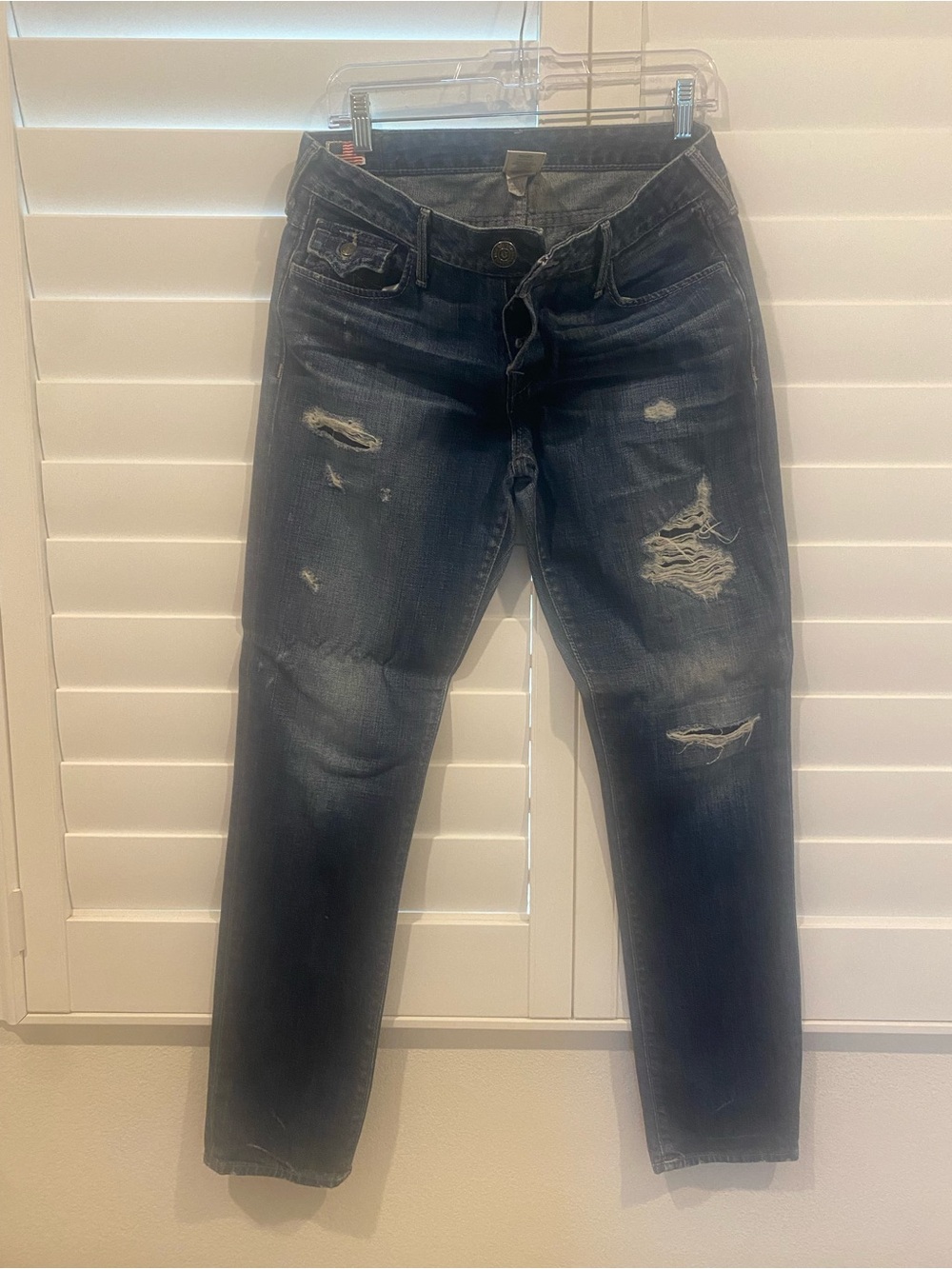 True Religion Women's Distressed Dark Blue Boyfriend Jeans